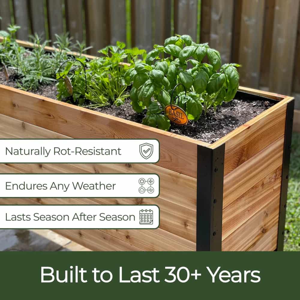 Wooden raised garden bed with plants, featuring durability text overlay.