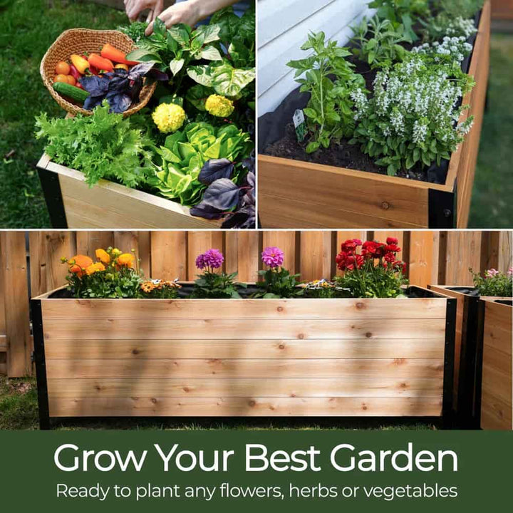 Collage of wooden garden planters with plants and flowers, promoting gardening.