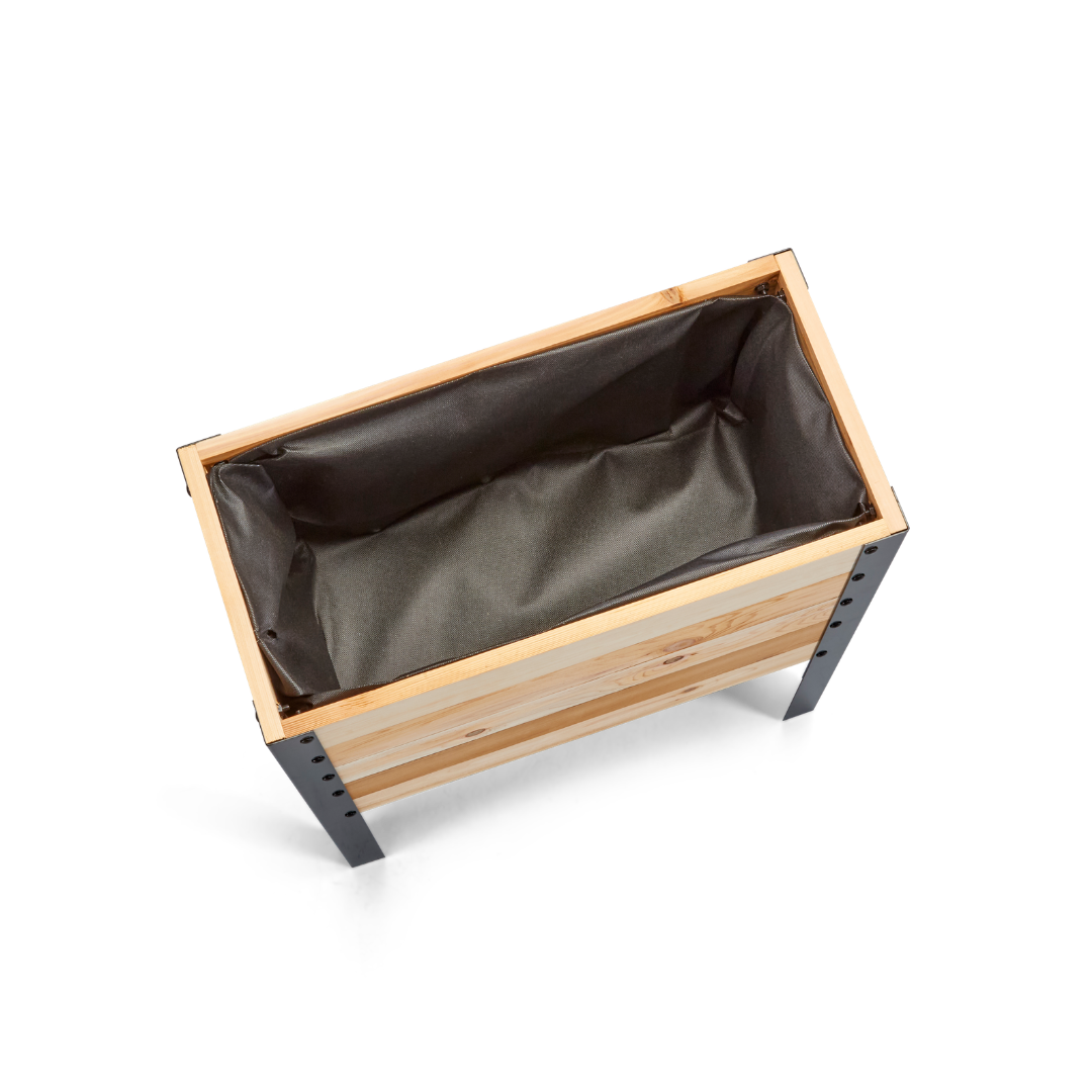 Wooden planter box with a dark interior on a white background