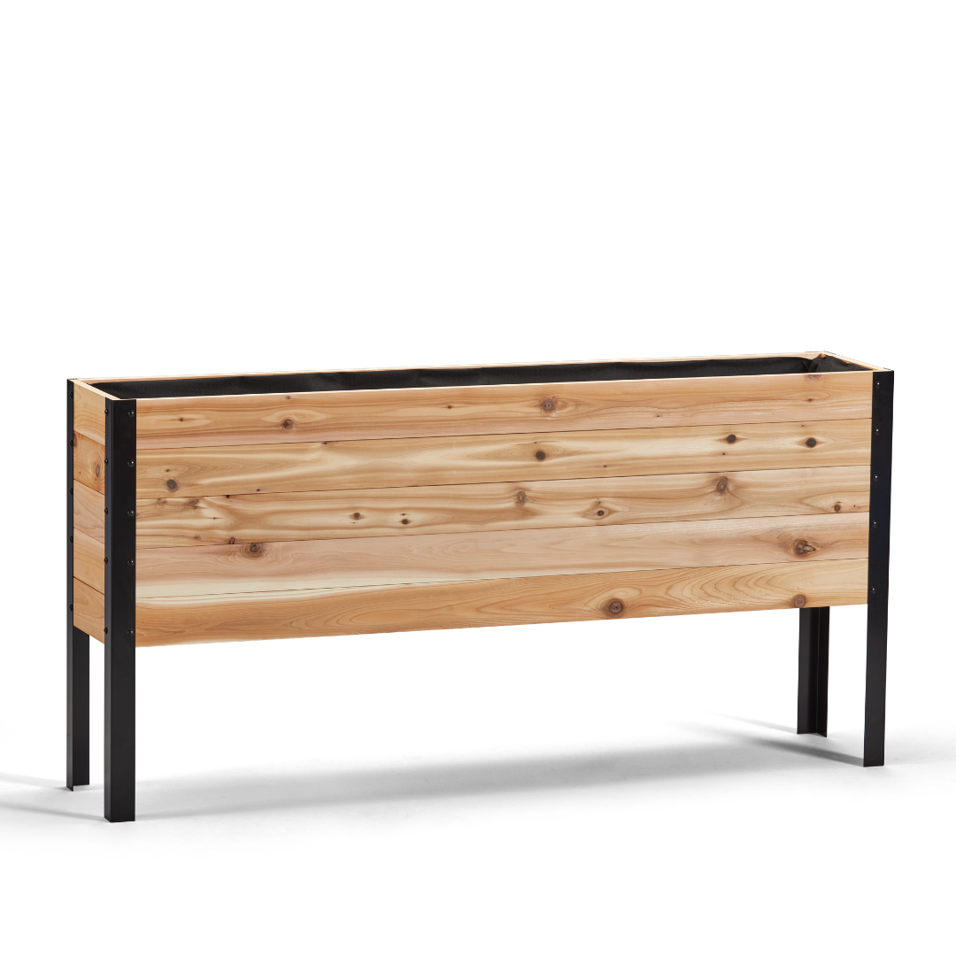 Wooden planter box with black metal frame on a white background